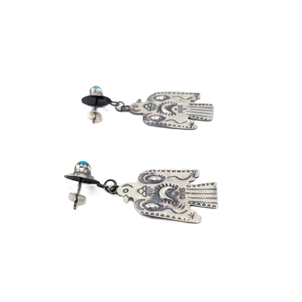 Navajo Thunderbird Dangle Earrings Oxidized Sterling Silver Kingman Turquoise** - Picture 5 of 7